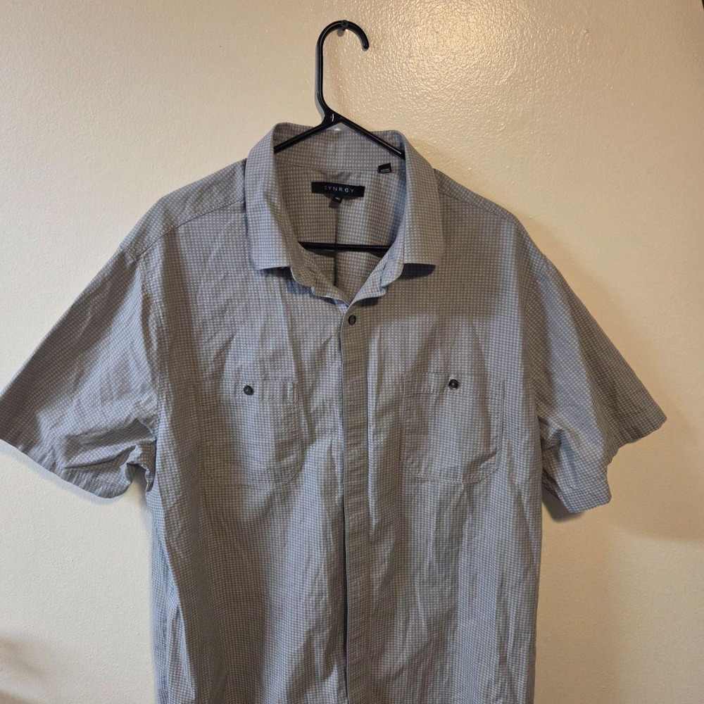 SYNRGY Mens 1XL Grey Micro Check Short Sleeve Button Down Shirt Two Pocket
